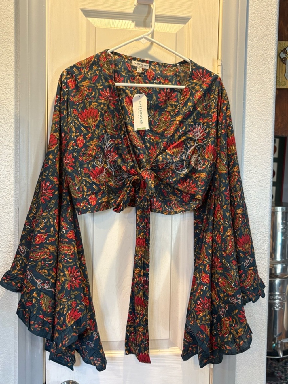 EARTHBOUND Green Floral Tie-Front Crop Top with Red Accents